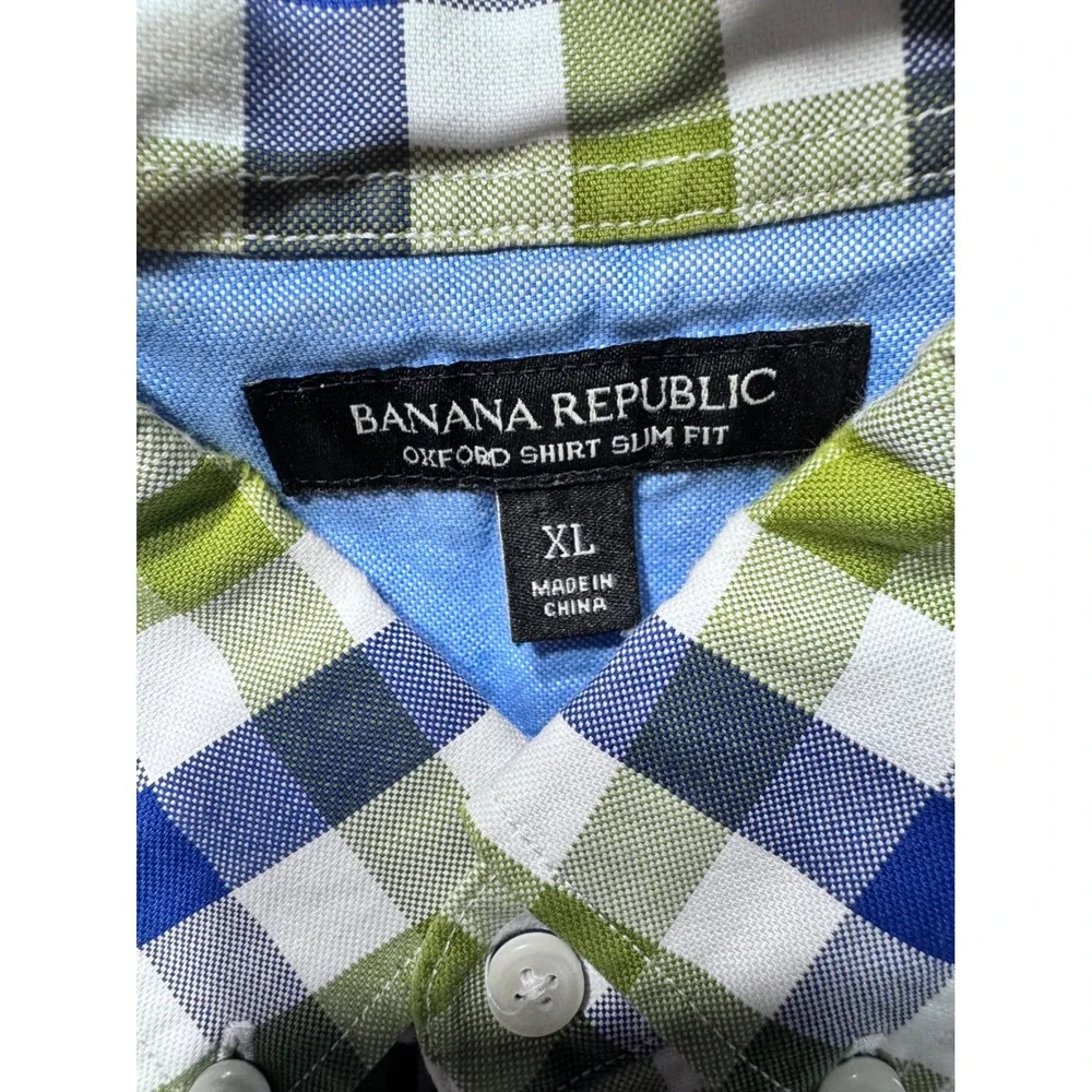 Banana Republic Oxford Shirt Woven Green Blue Gingham XL Slim Fit Button Down